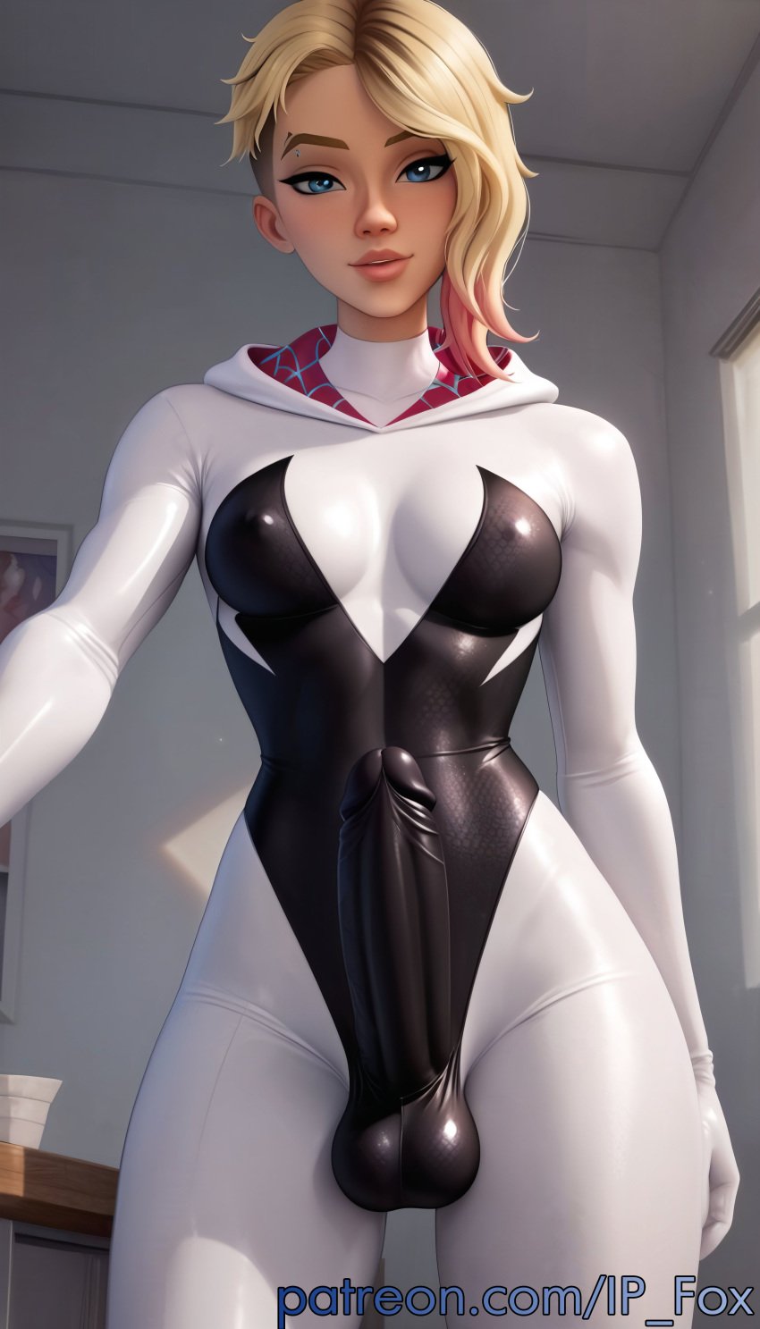 1futa ai_generated asymmetrical_hair balls big_dick big_penis blonde_hair blue_eyes bodysuit breasts bulge bulge_through_clothing erect_penis erection erection_under_clothes futa_only futa_sans_pussy futanari gwen_stacy hi_res high_resolution highres huge_cock ip_fox marvel ombre_hair patreon patreon_link patreon_username pink_hair room short_hair solo spider-man:_across_the_spider-verse spider-man:_into_the_spider-verse superhero taker_pov testicles uncensored url watermark web_address