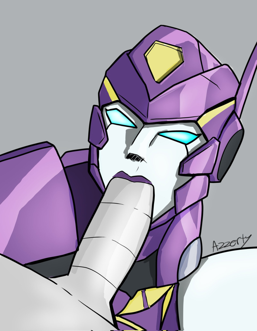 1boy 1girls azzertyimages blowjob blue_eyes fellatio nautica penis purple_lipstick robot robot_girl robot_humanoid sucking_penis transformers