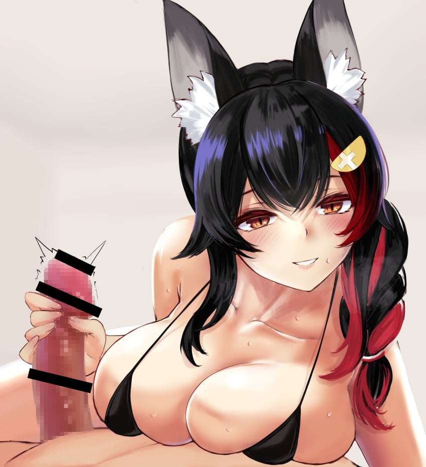 1boy 1girls animal_ear_fluff animal_ears bikini black_bikini black_hair braid breasts censored clothed_female_nude_male erection female handjob highres hololive hololive_gamers hololive_japan large_breasts light-skinned_female light-skinned_male light_skin masaki_(sibamasa) mosaic_censoring multicolored_hair nude ookami_mio penis penis_grab red_hair side_braid smile straight streaked_hair sweat swimsuit virtual_youtuber wolf_ears wolf_girl