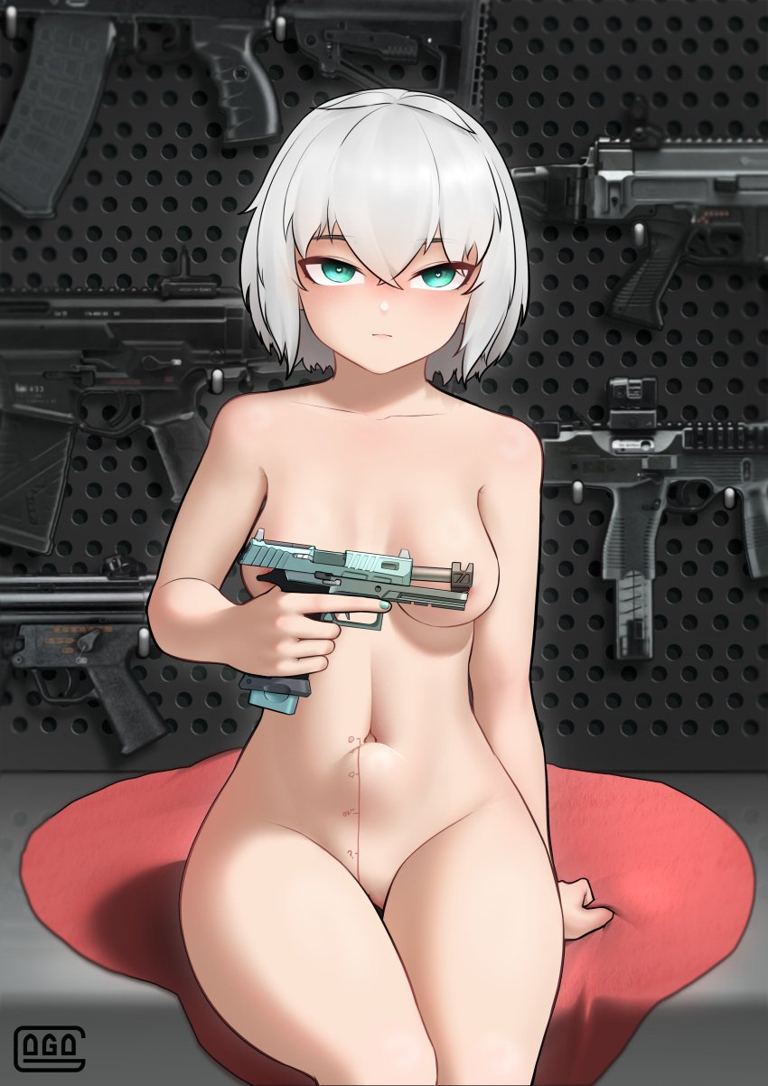 1girls absurdres ak-12 assault_rifle b&amp;t_mp9 back_tattoo blue_eyes breasts censored_nipples collarbone convenient_censoring cz_805_bren female female_only gogo_(gogo_23) groin gun h&amp;k_hk433 h&amp;k_mp5 handgun highres jitome kalashnikov_rifle navel nude original pov pubic_tattoo rifle ruler sig_sauer sig_sauer_p320 sitting small_breasts solo submachine_gun support tattoo tramp_stamp trigger_discipline weapon white_hair