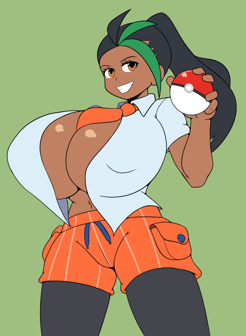 1girls alternate_breast_size breasts_bigger_than_head dark-skinned_female dark_skin female female_only huge_breasts hyper hyper_breasts iggy-bomb massive_breasts necktie necktie_between_breasts nemona_(pokemon) open_clothes open_shirt pokemon pokemon_sv solo tie