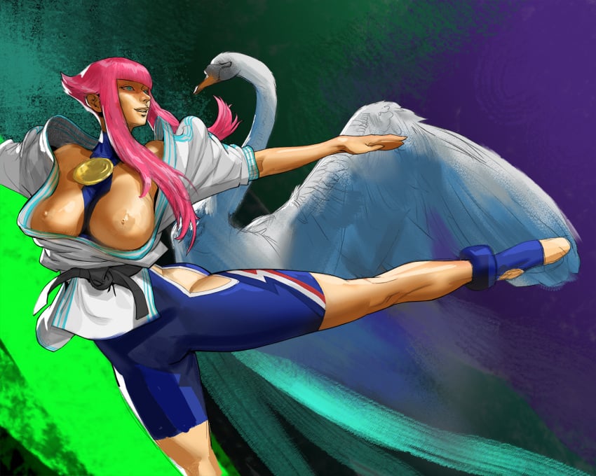 1girls big_breasts breasts breasts_out fishyovo manon_legrand nipples pink_hair street_fighter street_fighter_6 swan