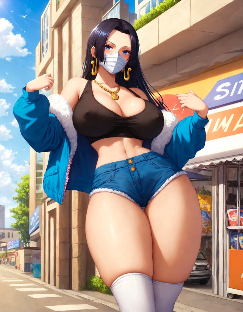 1girls ai_generated alex-schura bangs bare_shoulders black_hair black_tank_top blue_eyes blue_jacket blue_shorts blue_sky blush boa_hancock breasts building city cleavage clothing cloud completely_nude crop_top curvaceous curvaceous_female curvaceous_figure curvy curvy_figure cutoffs day denim denim_shorts earrings female female_focus female_only forehead fur-trimmed_jacket fur_trim hoop_earrings huge_breasts jacket jewelry large_breasts legwear long_hair long_sleeves looking_at_viewer mask midriff mouth_mask navel necklace off_shoulder one_piece open_clothes open_jacket outdoors parted_bangs patreon_username shirt short_shorts shorts skindentation sky solo standing stockings surgical_mask tank_top thick_thighs thighhighs thighs voluptuous voluptuous_female web_address white_thighhighs