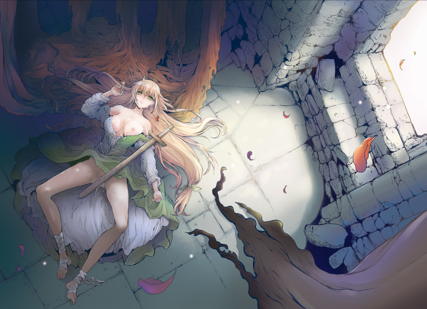 1girls after_sex blonde_hair breasts dress female female_only green_eyes kitou_en laying_down laying_on_back leaves long_hair no_panties one_breast_out original solo stone stone_floor stone_wall sword tagme window wooden_sword