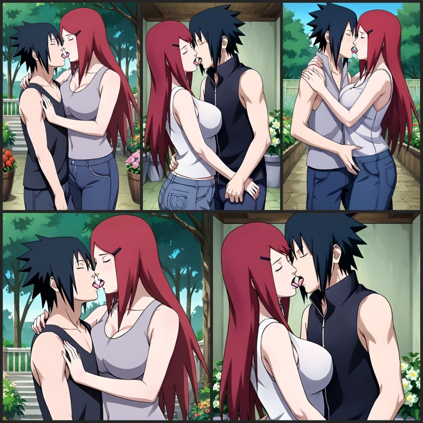 ai_generated big_breasts black black_skirt civitai collage french_kiss kissing kushina_uzumaki large_breasts multiple_views naruto naruto_(series) naruto_shippuden sasuke_uchiha skirt tank_top tanktop tongue_kiss uzumaki_kushina