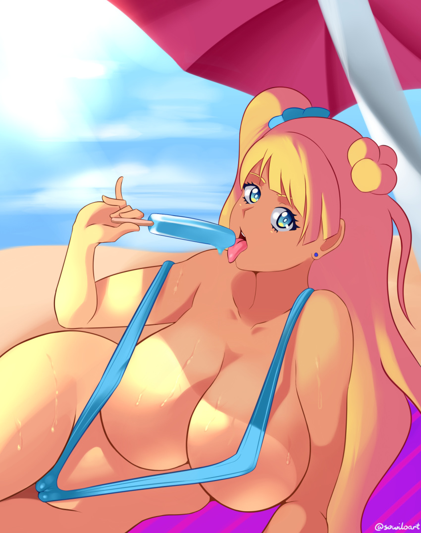 absurdres beach big_breasts blonde_hair blue_eyes breasts cameltoe cleavage female galko gyaru highres huge_breasts ice_cream large_breasts licking looking_at_viewer lying open_mouth oshiete!_galko-chan outdoors sling_bikini sowilo tongue tongue_out