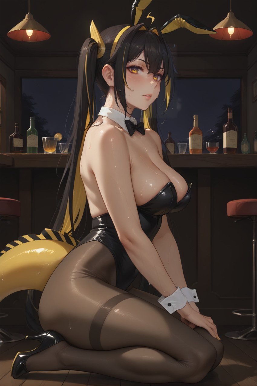 1girls ai_generated black_hair bunny_ears bunny_girl bunnysuit e-sekai eel_girl idol-en idol_corp juna_unagi large_breasts light-skinned_female tights virtual_youtuber vtuber yellow_eyes yellow_hair_ribbon