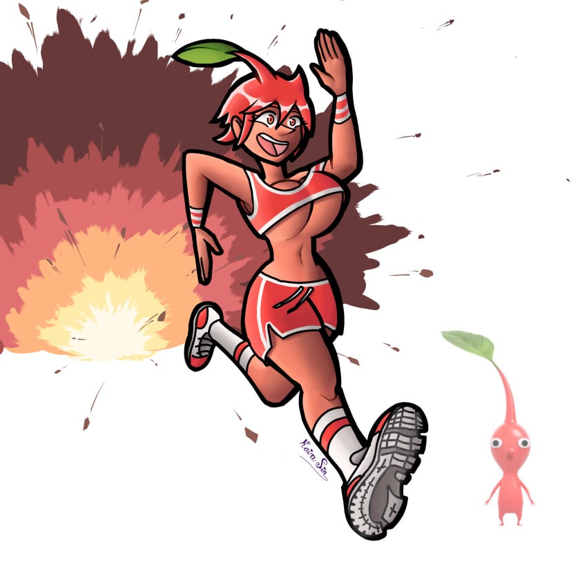 big_nose bouncing_breasts dark-skinned_female explosion exposed_legs exposed_torso humanized kairasin pikmin red_hair red_pikmin reference_image rule_63 running sportswear tomboy underboob