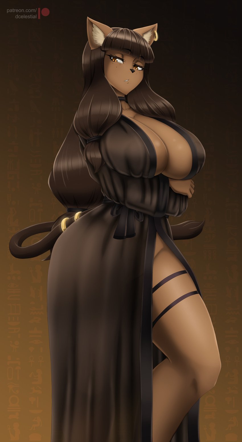 1girls anthro bare_legs bare_thighs big_breasts blunt_bangs blush brown_hair cat_ears cat_tail catgirl clothed clothing color dcelestial ecaflip feline female female_focus female_only furry hi_res large_breasts long_hair looking_at_viewer miranda_(wakfu) solo solo_female tagme tail thick_thighs wakfu yellow_eyes