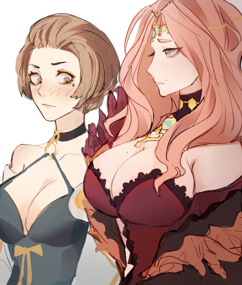 2girls bare_shoulders big_breasts black_choker blush breast_envy breasts brown_hair choker cleavage commission cornelia_arnim english_commentary female female_only fire_emblem fire_emblem:_three_houses girl_staring_at_guy's_chest highres large_breasts long_hair manuela_casagranda meme multiple_girls nintendo noenqw pink_hair short_hair sidelocks simple_background white_background