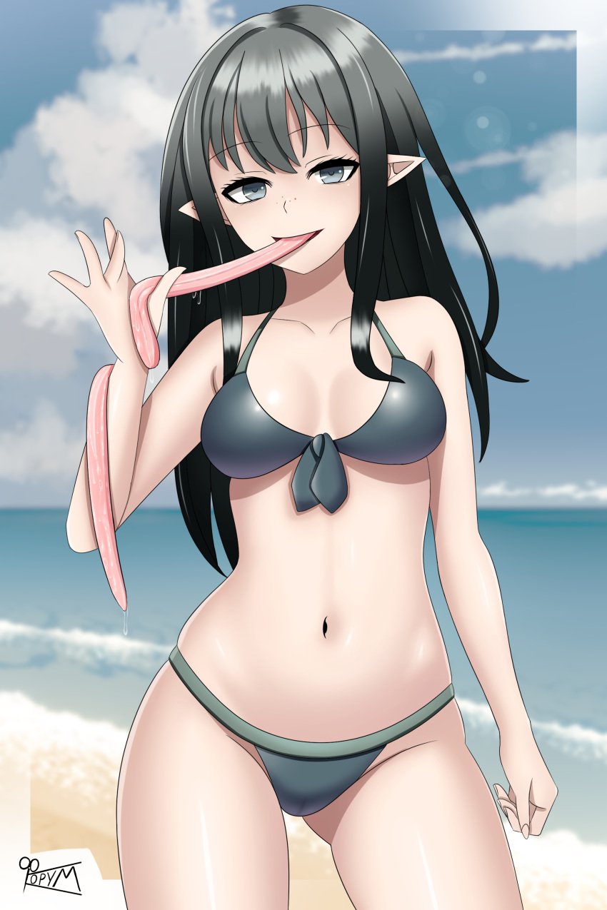 1girl akaname_(monster_girl_encyclopedia) artist_name beach bikini black_hair female female_only grey_bikini long_hair long_tongue looking_at_viewer monster_girl_encyclopedia navel pointy_ears silver_eyes