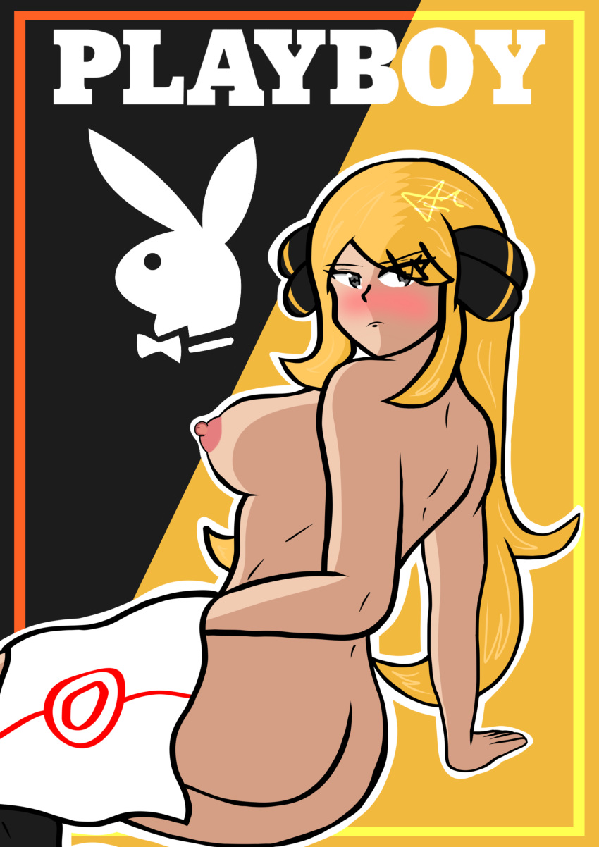 amematoi artist_signature ass breasts cynthia_(pokemon) grey_eyes magazine_cover nipples nude nude_female playboy_bunny pokemon simple_background simple_shading tagme yellow_hair