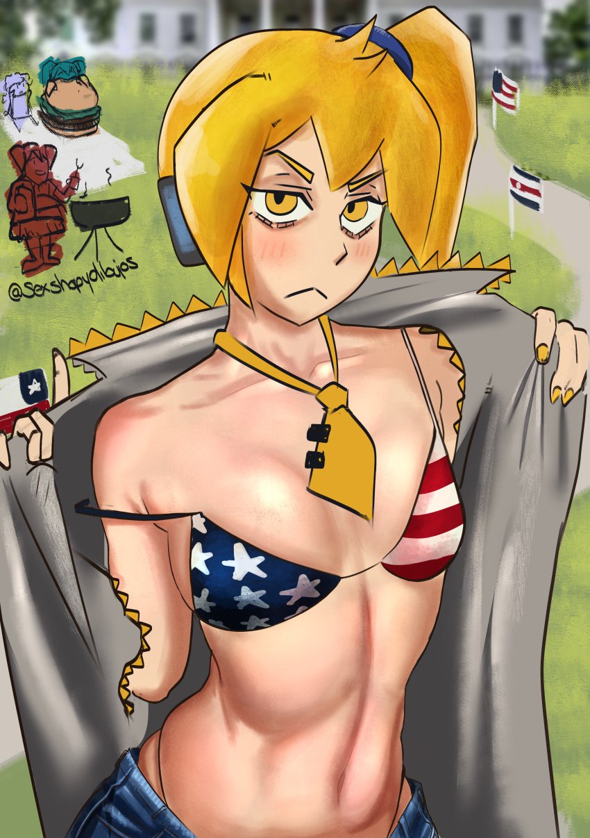 abs akita_neru american_flag_bikini bikini flat_belly independence_day jean_shorts sexshopydibujos showing_off small_breasts taking_clothes_off vocaloid yellow_eyes yellow_hair