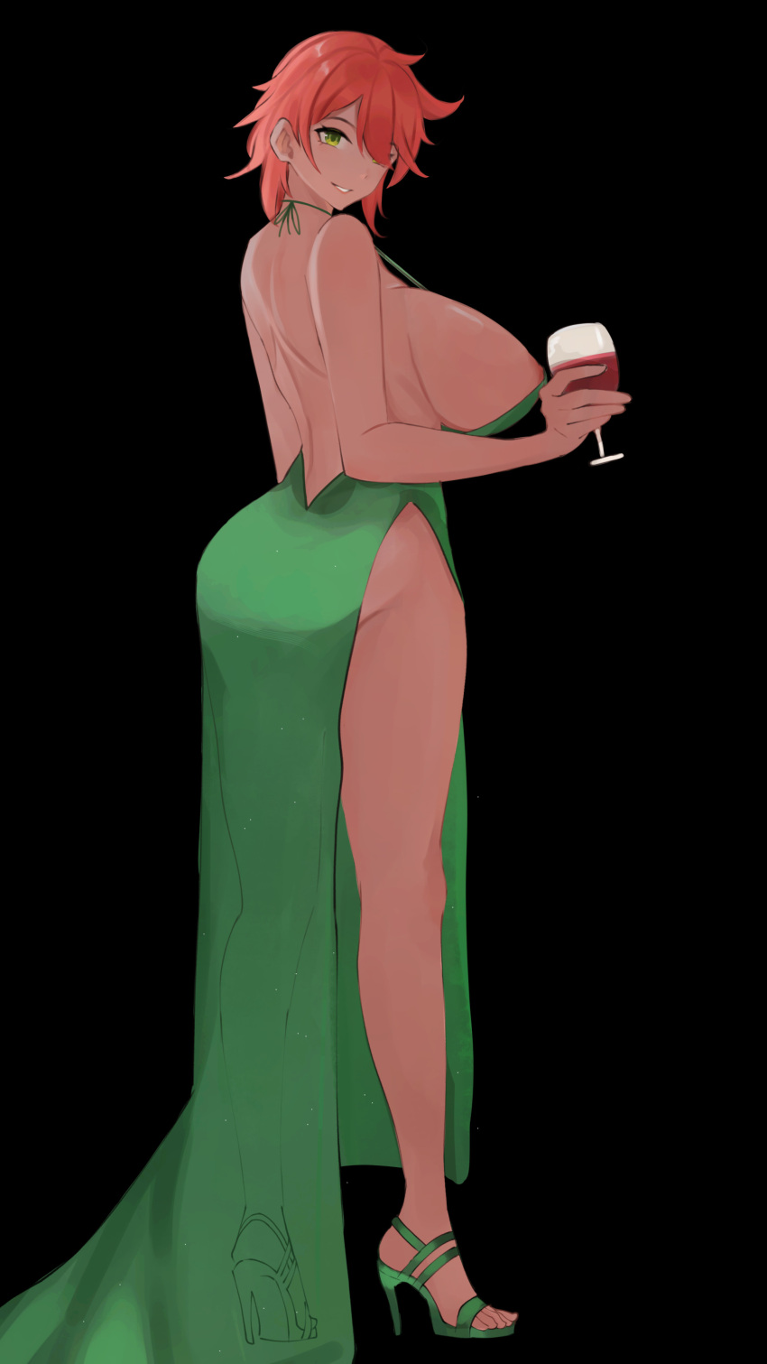 1girls alcohol areola_slip ass backless_outfit breasts cup dark-skinned_female dark_skin dat_ass dress evening_gown feet green_dress green_eyes hainomajoeraina hair_between_eyes hair_over_one_eye high_heels huge_ass huge_breasts looking_at_viewer lyra(itsnafulol) red_hair short_hair sideboob smile thick_thighs thighs tomboy wine wine_glass