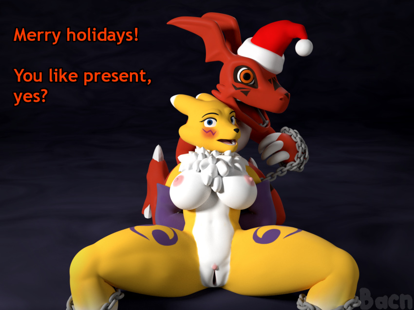 2017 3d abstract_background armwear bacn blush bound breasts canine chains chest_tuft christmas claws clothed clothing digimon duo elbow_gloves english_text female gloves guilmon hat holidays looking_at_viewer male mammal nipples nude open_mouth pussy renamon renamon_(bacn) santa_hat scalie simple_background smile spread_legs spreading text tongue topless tuft