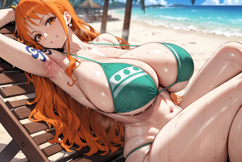 ai_generated alchy arm_tattoo armpits bare_legs beach big_breasts bikini bikini_top female female_only huge_breasts light-skinned_female light_skin long_hair looking_at_viewer massive_breasts nami one_piece orange_eyes orange_hair post-timeskip shounen_jump smiling solo_female squatting sweat tattoo thick_thighs thighs voluptuous voluptuous_female