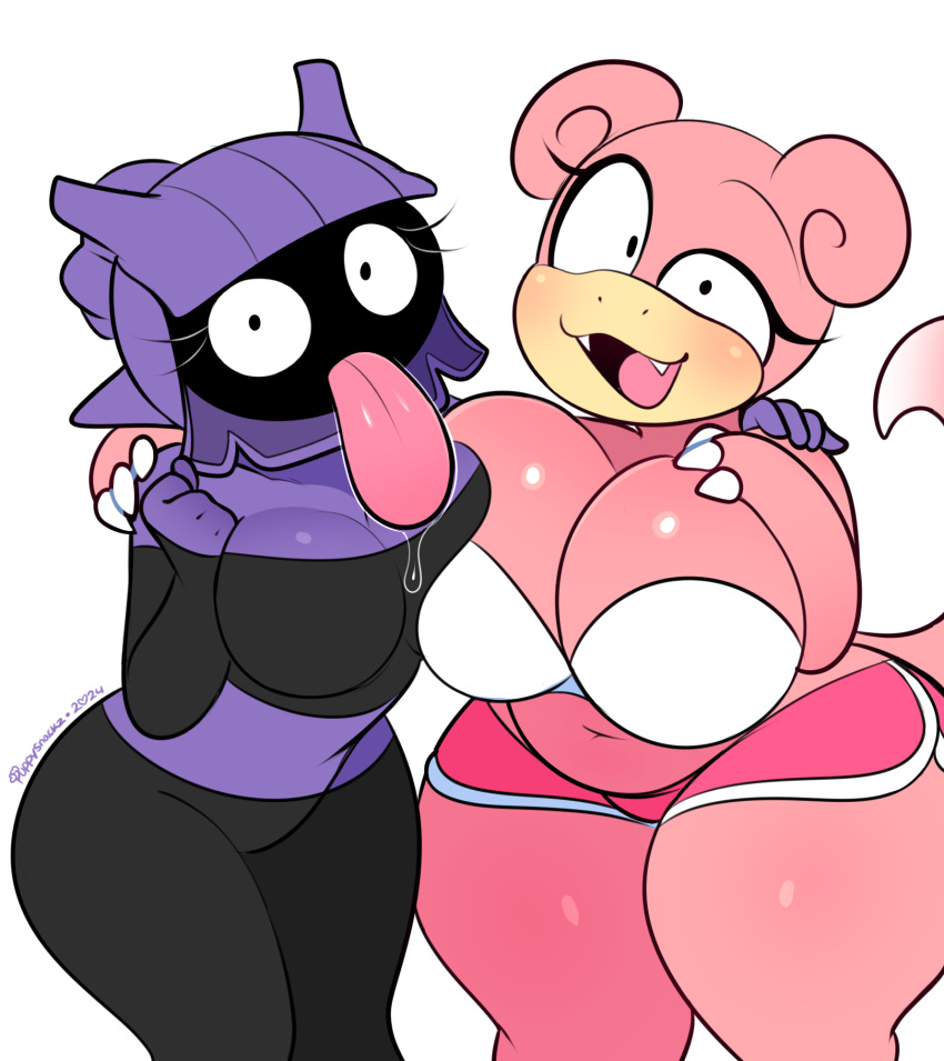 2girl 2girls anthro big_breasts bivalve eyelashes furry gym_shorts hands_behind_back happy ilovefuud pink_shorts pokémon_(species) pokemon puppysnackz shellder sillysmugz slowpoke tail thick_ass thick_thighs tongue