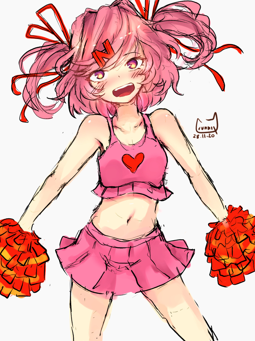 1female 1girls cheerleader cheerleader_outfit cheerleader_uniform crunnix doki_doki_literature_club looking_at_viewer natsuki_(doki_doki_literature_club) navel open_mouth outfit pink_eyes pink_hair uniform white_background