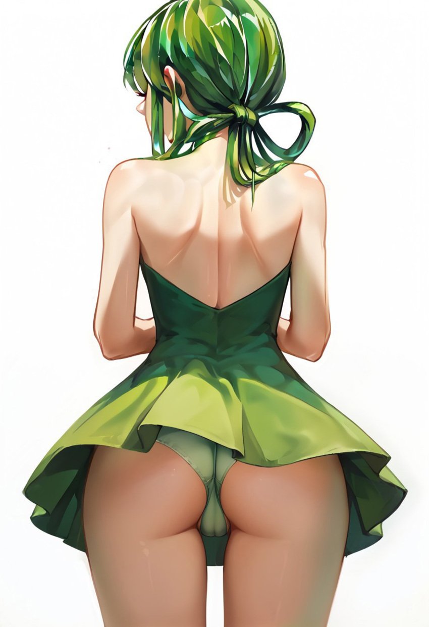 1girls ai_generated ass_focus back_view backless_dress bare_arms bare_legs bare_shoulders cameltoe dress facing_away green_hair green_panties hair_rings houseki_no_kuni jade_(land_of_the_lustrous) land_of_the_lustrous long_hair looking_away panties round_ass shoulder_blades simple_background sleeveless_dress small_panties thigh_gap thin_panties upskirt white_background