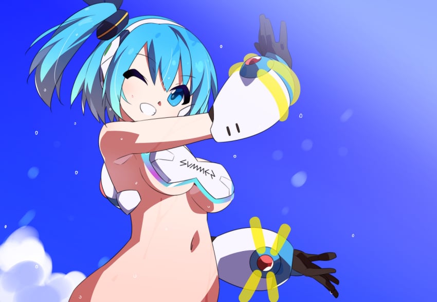 beach_background bikini blue_eyes blue_hair breasts capcom cyan_hair female kaidou_zx medium_breasts mega_man mega_man_x_dive navel one_eye_closed ponytail reploid rico_(mega_man) robot semi_nude smile solo summer water_drop