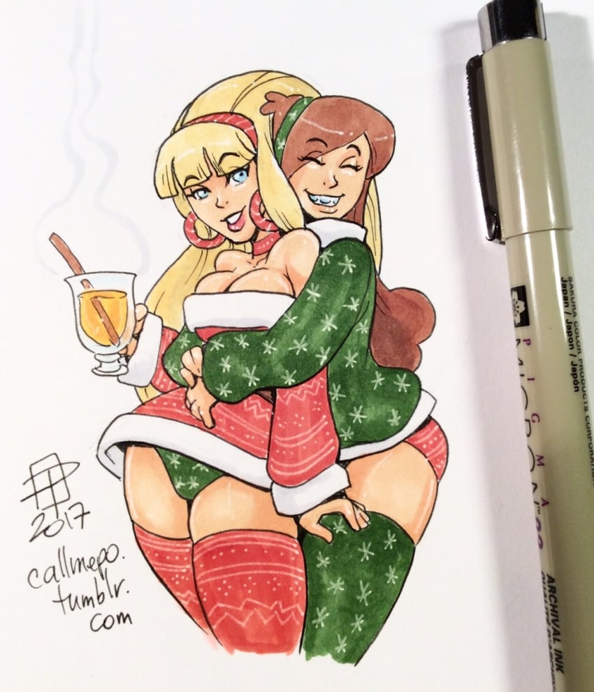 2017 2girls blonde_hair blue_eyes braces brown_hair callmepo christmas cleavage closed_eyes clothes_swap clothes_swapped disney disney_channel earrings female female_only gravity_falls hand_drawn hoop_earrings hugging mabel_pines multiple_girls pacifica_northwest panties panties_swapped straight_hair swapped_clothes ugly_sweater yuri