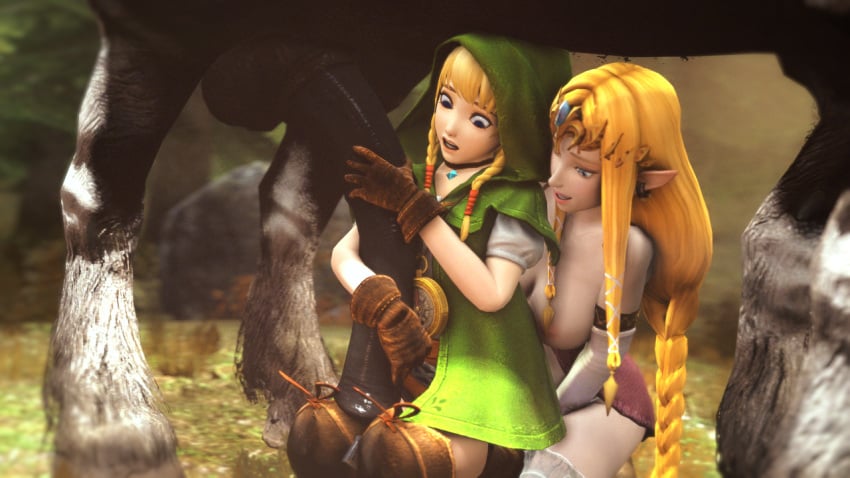 1boy 2girls 3d animal_genitalia areolae balls boots breasts clothing erection female footwear gloves handwear horse horsecock huge_cock hyrule_warriors kreamu linkle nipples penis penis_hug princess_zelda source_filmmaker testicles the_legend_of_zelda zelda_(hyrule_warriors) zoophilia