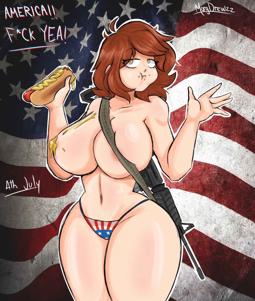 4th_of_july american_flag_bikini big_ass big_breasts big_butt brown_hair eating_food flag flag_bikini gun hi_res highres hotdog m4a1 morgdrewzz morgita_(morgdrewzz) original_character weapon yellow_eyes