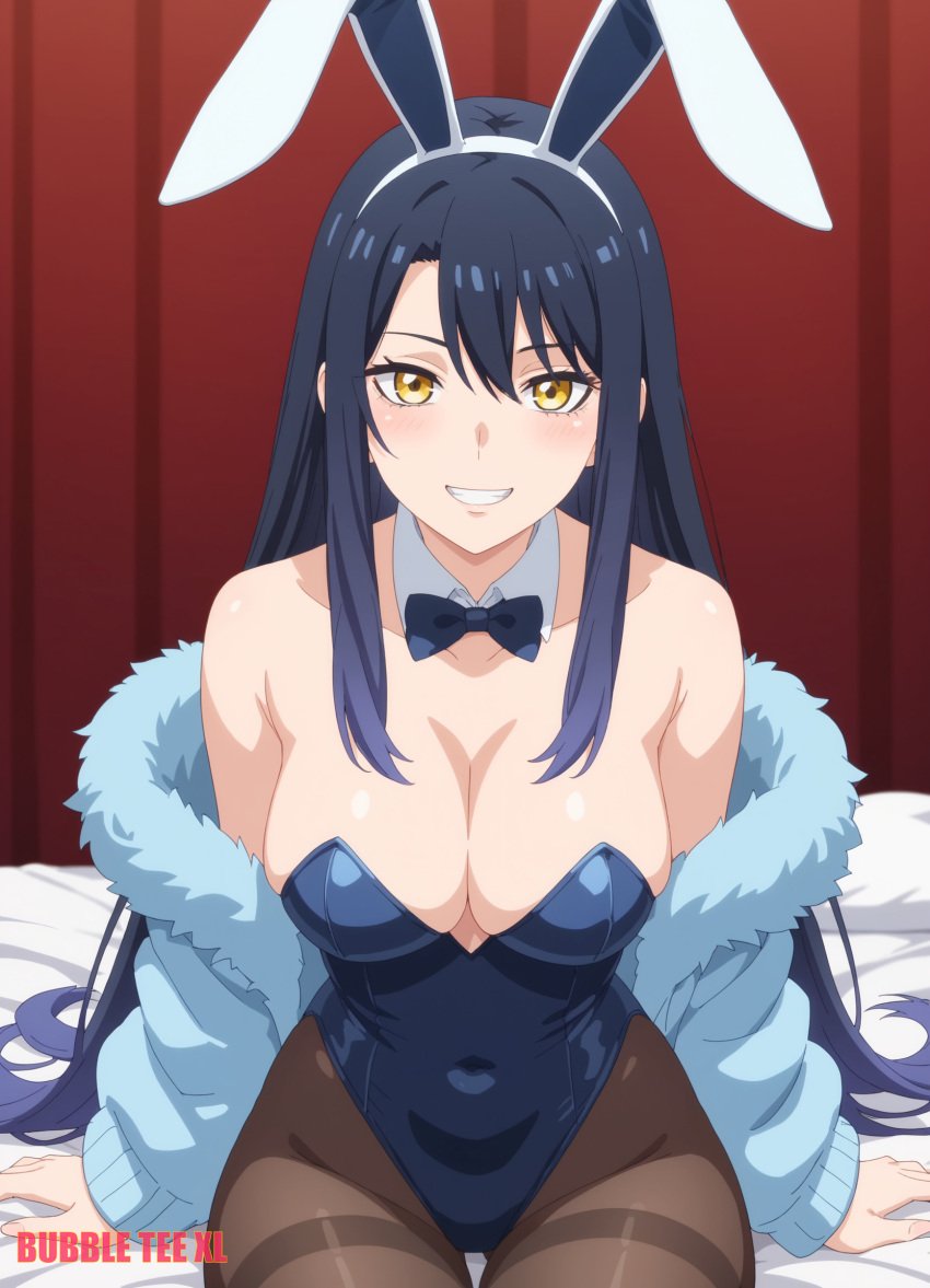 1female 1girls ai_assisted ai_generated big_breasts breasts bubbleteexl bunny_ears bunny_girl commentary_request english_commentary female female_only hi_res highres light-skinned_female light_skin looking_at_viewer mieruko-chan sitting sitting_on_bed solo solo_female very_high_resolution yotsuya_miko