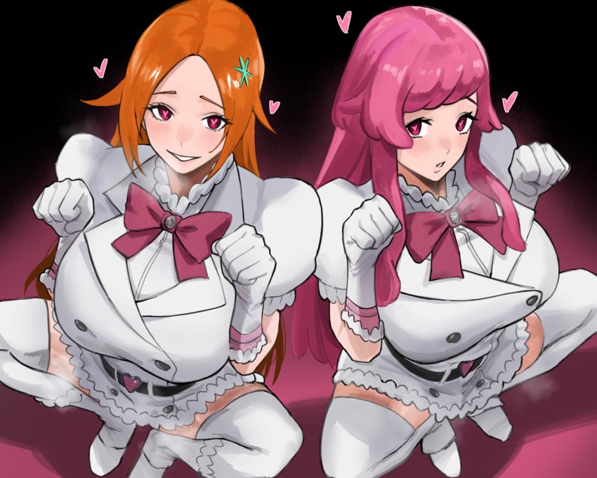 2girls big_breasts bleach breasts cosplay enemy_conversion female female_focus female_only heart heart-shaped_pupils huge_breasts inoue_orihime large_breasts long_hair meninas_mcallon meninas_mcallon_(cosplay) mind_control mugi_(mugit49) orange_hair pepe_waccabrada pink_hair quincy_(bleach) squatting unseen_male