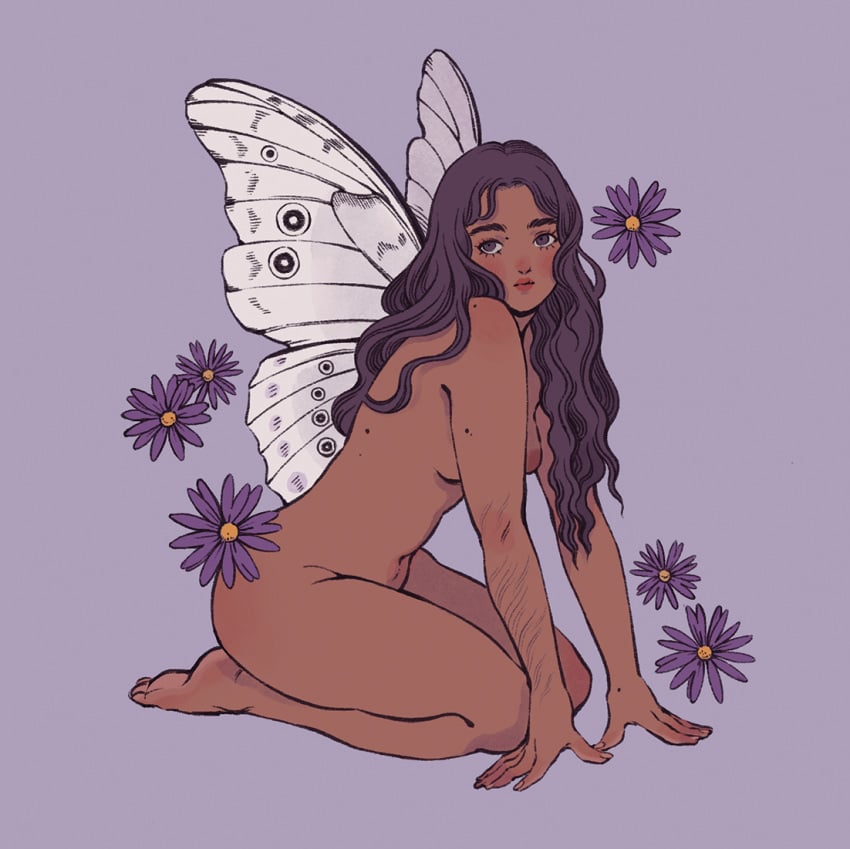 1girls aster butterfly_wings dark_hair fae fairy fairy_wings female female_only flower flowers insect_wings karlovycross kneeling long_hair looking_at_viewer purple_background sitting sitting_on_knees wavy_hair wings