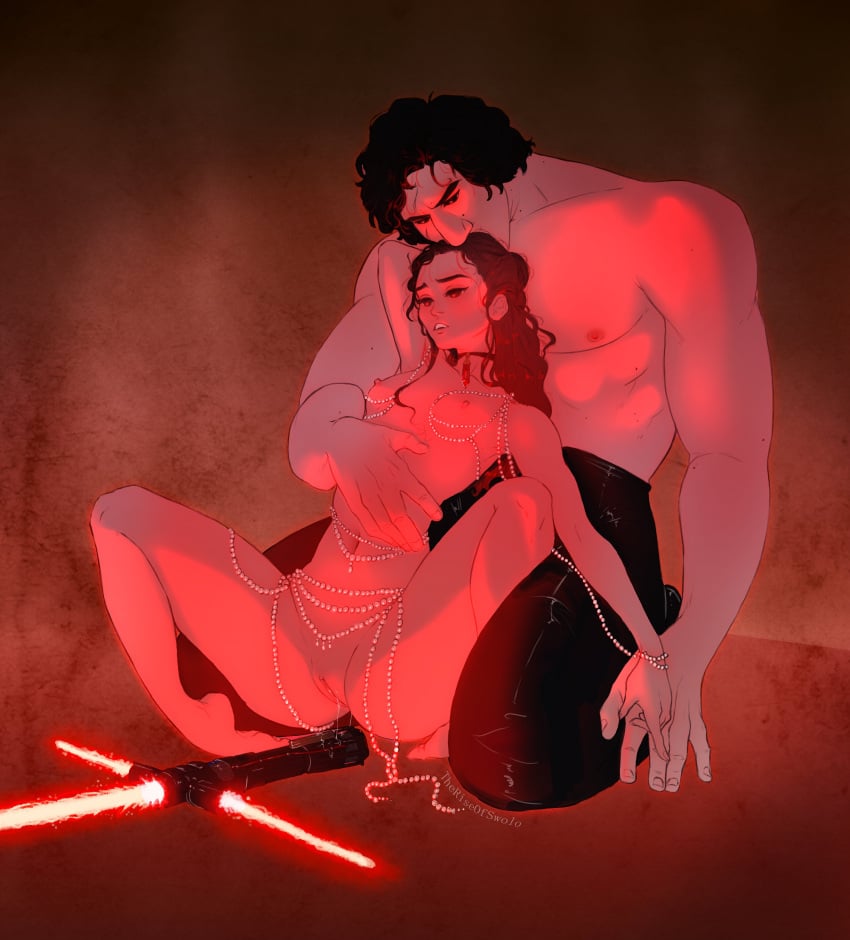 1boy absurdres ben_solo black_hair breasts energy_sword female highres kylo_ren lightsaber meme_reference mole mole_under_eye nipples nude red_lightsaber rey spread_legs star_wars straight sword theriseofswolo weapon