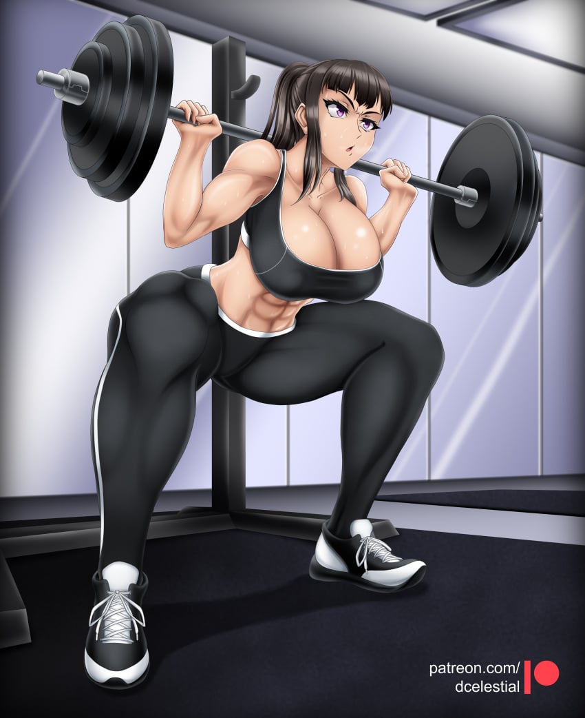 1girls abs bare_arms bare_shoulders big_breasts black_hair clothed clothing color dcelestial en'en_no_shouboutai enen_no_shouboutai female female_focus female_only fire_force fit_female gym gym_clothes hi_res large_breasts light-skinned_female light_skin long_hair looking_at_viewer muscles muscular muscular_female oze_maki purple_eyes solo solo_female tagme thick_thighs weightlifting