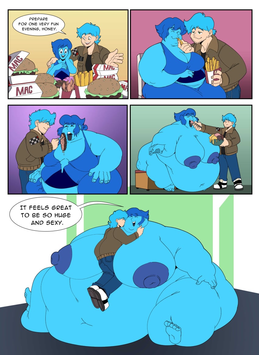 1boy 1girls belly big_belly big_breasts blue_hair blue_skin breasts cartoon_network comic dialogue eating fat feederism feeding female food gem_(species) huge_belly huge_breasts inks-kinks lapis_lazuli_(steven_universe) male morbidly_obese nipples obese overweight overweight_female steven_universe text ugly_female weight_gain weird