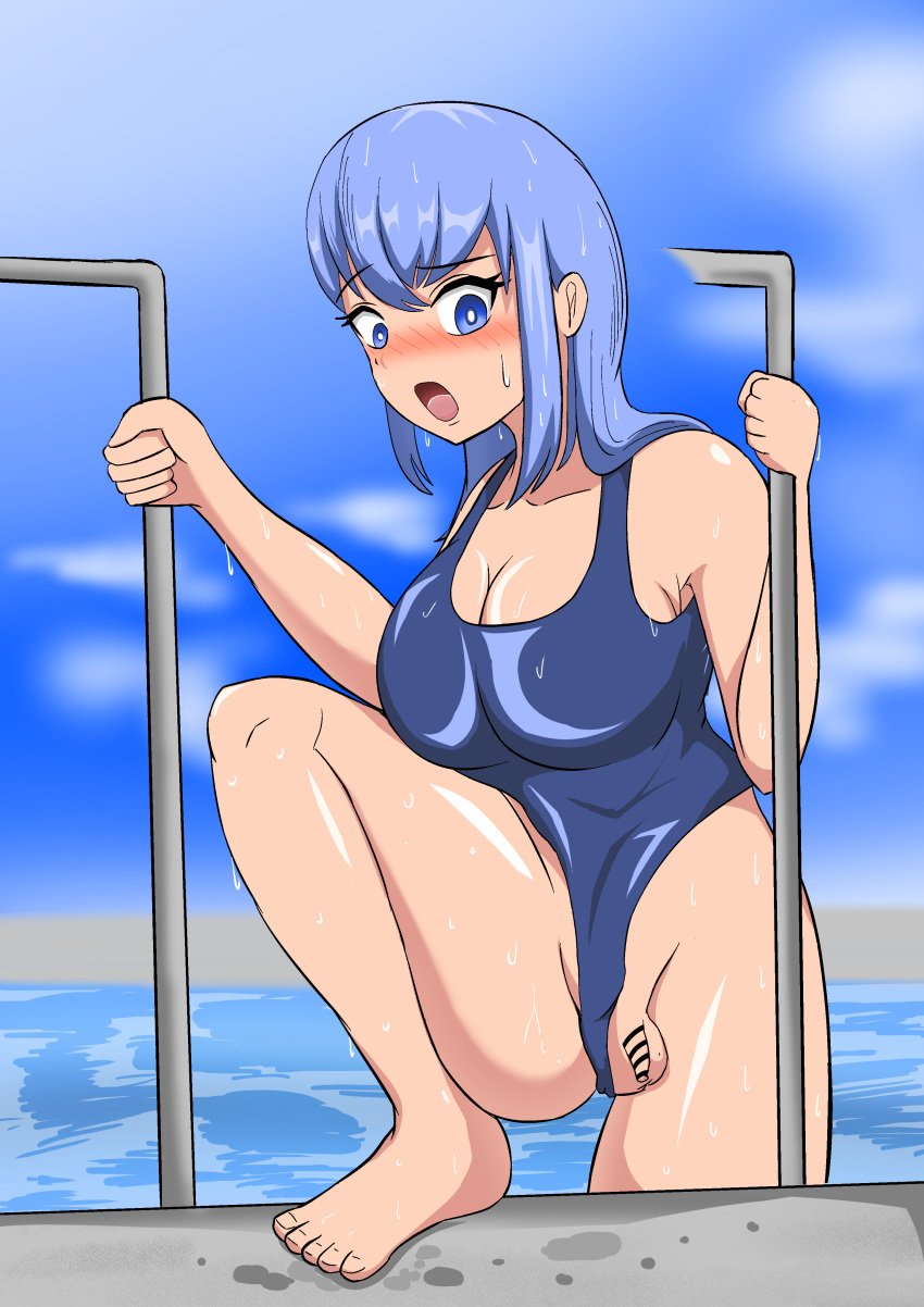 1futa balls bambooshoot_(artist) barefoot big_balls big_balls_small_penis blue_eyes blue_hair blush bottomless busty censored curvy curvy_body curvy_figure curvy_futa curvy_hips curvy_thighs embarrassed exposed exposed_penis feet flaccid flaccid_penis foreskin futa_only futanari hips legs long_hair micropenis open_mouth pale-skinned_futanari pale_skin penis pose posing shy small_penis solo swimsuit swimsuit_aside thick_thighs thighs toes wide_hips
