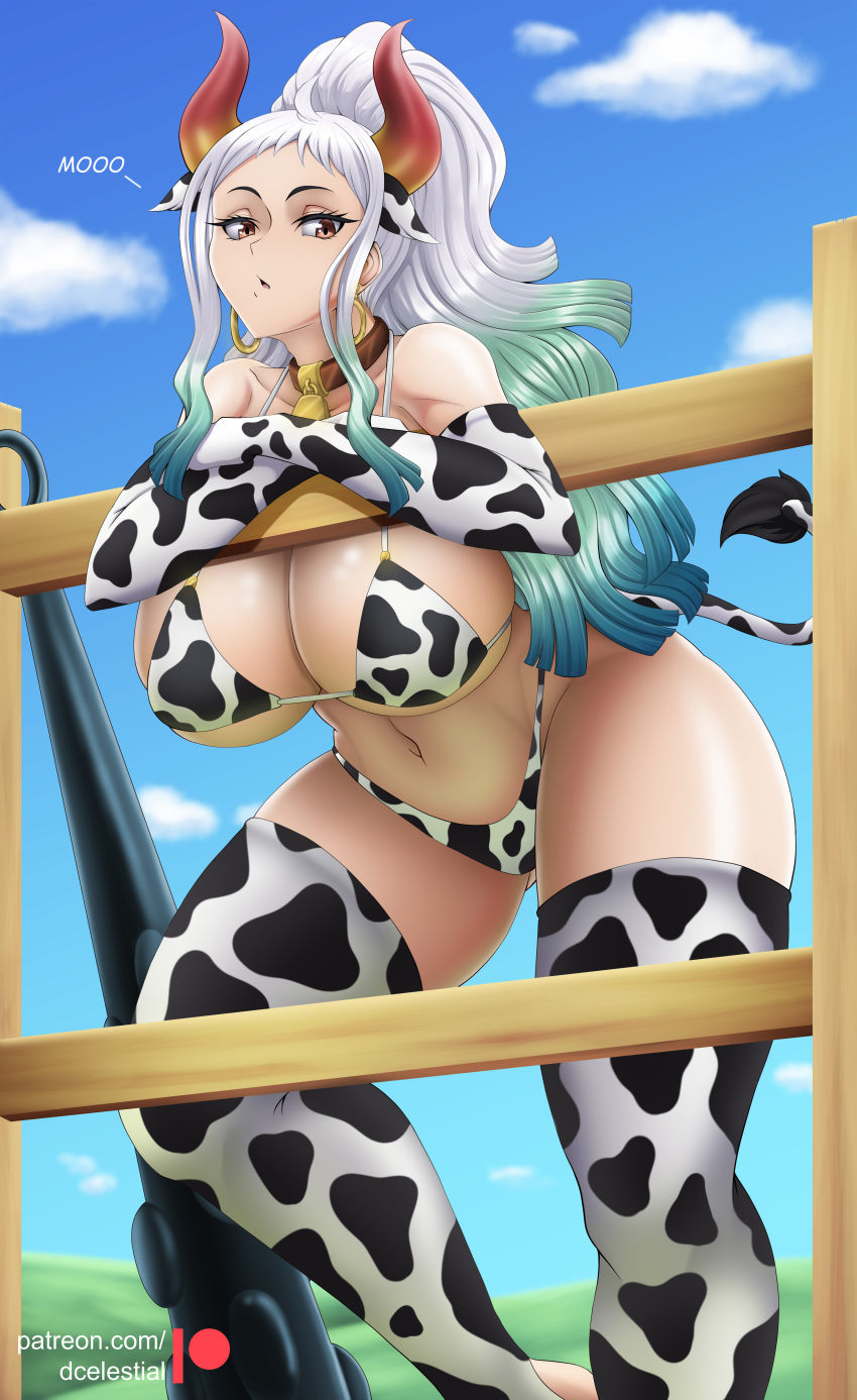 1girls bare_arms bare_legs bare_shoulders bare_thighs big_breasts clothed clothing collar color cow_bikini cow_ears cow_tail dcelestial female female_focus female_only hi_res horns large_breasts light-skinned_female light_skin long_hair looking_at_viewer one_piece orange_eyes shounen_jump solo solo_female tagme thick_thighs white_hair yamato_(one_piece)