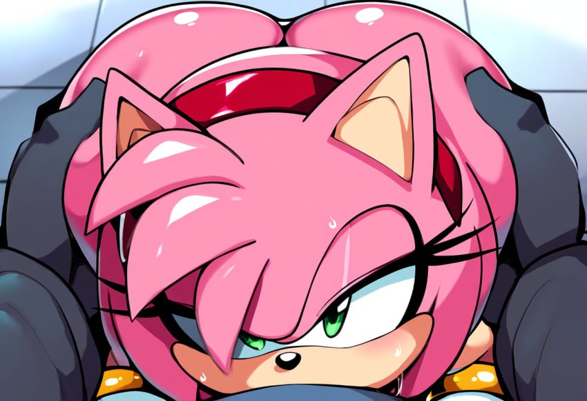 1boy ai_generated amy_rose ass big_ass cum female furry implied_fellatio implied_oral looking_at_viewer mullon novelai pink_body pov pov_hands sega sonic_(series)