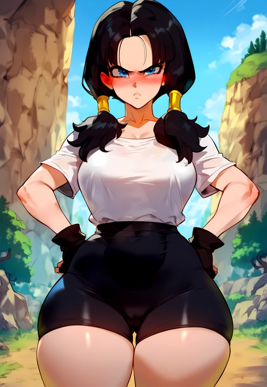 1girls ai_generated black_gloves black_hair black_shorts blue_eyes blue_sky blush breasts brown_gloves cameltoe closed_mouth clothing cloud covered_navel cowboy_shot curvaceous curvaceous_female curvaceous_figure curvy curvy_figure day dragon_ball dragon_ball_z female female_focus female_only fingerless_gloves floxin gloves hands_on_hips high-waist_shorts large_breasts long_hair looking_at_viewer low_twintails nose_blush outdoors rock shirt shirt_tucked_in short_sleeves shorts skindentation sky solo standing thick_thighs thigh_gap thighs tied_hair tree twintails videl voluptuous voluptuous_female white_shirt wide_hips