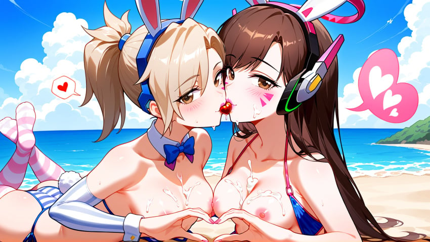 2girls ai_generated alternate_breast_size alternate_eye_color asian asian_female beach bikini blonde_hair blush breasts_out brown_eyes brown_hair bunny_ears d.va female female_focus female_only heart heart_hands highres light-skinned_female light_skin looking_at_viewer medium_breasts mercy outdoors overwatch painted_nails ponytail socks swimsuit