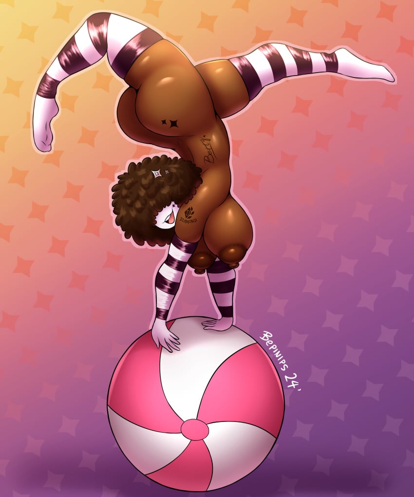 absurd_res acrobatic afro afro_hair areolae armgloves ass ball bepinips betty_the_mime_(bepinips) brown_hair dark-skinned_female dark_skin face_down_ass_up face_paint face_tattoo flexible gloves hair_over_eyes hairpin handstand hanging_breasts happy highres large_areolae large_ass large_breasts mime naked naked_female nipples nude smile star_(symbol) star_tattoo stockings stripped_socks tattoo thighhighs upside-down