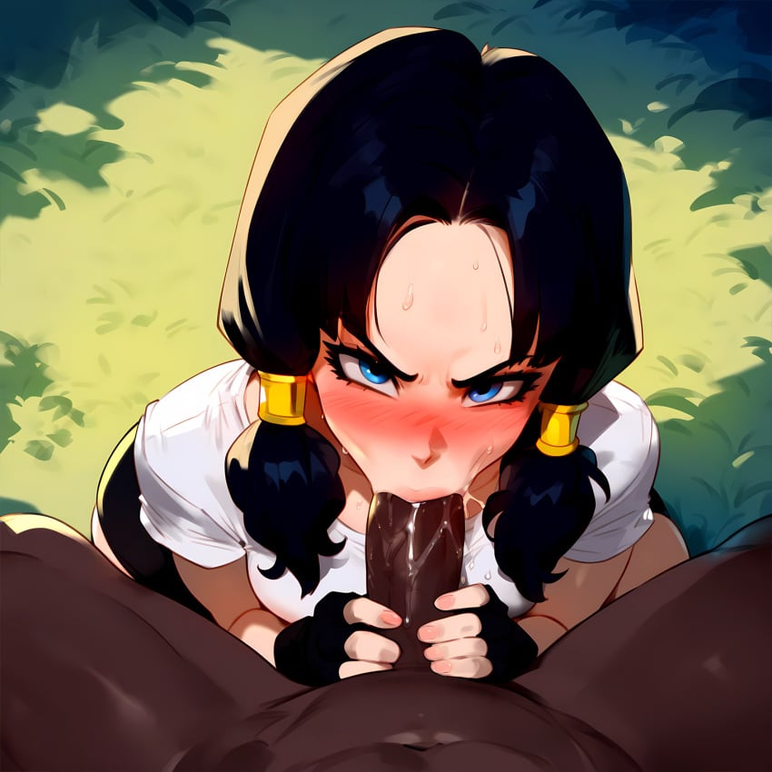 1boy 1girls ai_generated black_gloves black_hair black_legwear black_shorts blue_eyes blush breasts censored clothed_female_nude_male clothing completely_nude curvaceous curvaceous_female curvaceous_figure curvy curvy_figure dark-skinned_male dark_skin dragon_ball dragon_ball_z erection fellatio female female female_focus fingerless_gloves floxin forehead gloves grass interracial legwear long_hair looking_at_viewer male medium_hair navel nose_blush nude nude_male oral outdoors penis pov saliva shirt short_shorts short_twintails shorts sitting solo_focus straight sweat twintails uncensored videl voluptuous voluptuous_female white_shirt