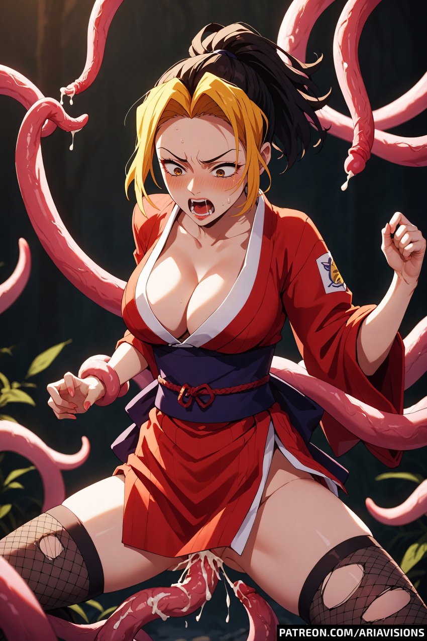 ai_generated ariavisions black_hair blush cum_in_pussy drool kimetsu_no_yaiba looking_down makio_(kimetsu_no_yaiba) multicolored_hair orange_eyes penetration ponytail screaming tentacle tentacle_sex yellow_hair