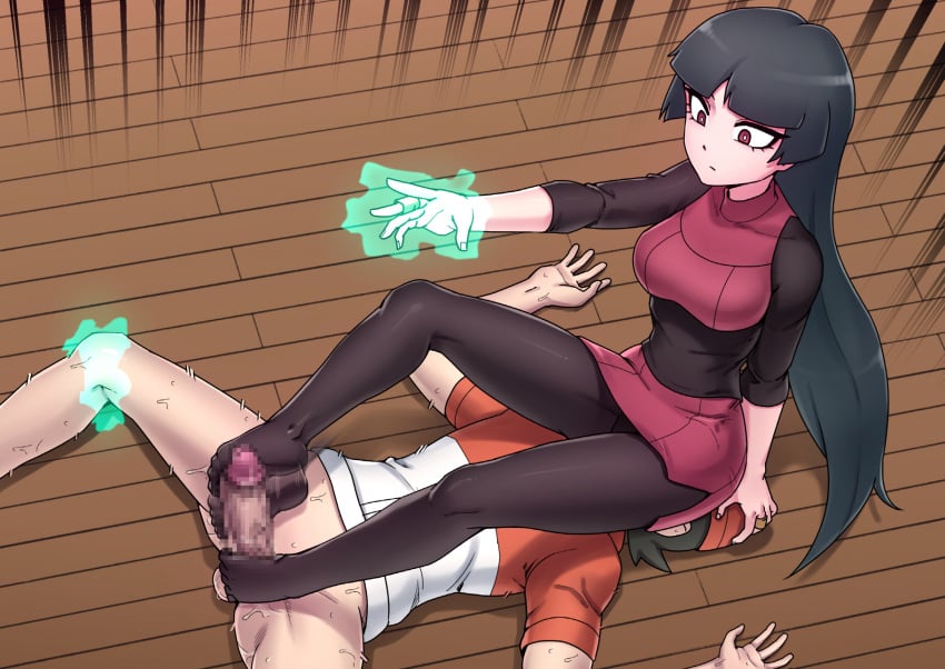 1boy 1girls afterimage black_hair black_legwear blunt_bangs bottomless breasts bright_pupils brown_eyes censored chase_(pokemon) closed_mouth clothing emphasis_lines erection expressionless eyelashes female female_on_top femdom foot_fetish foot_focus footjob glowing hand_on_another's_head highres indoors knees long_hair looking_down maggea22 male mixed-language_commentary mosaic_censoring outstretched_arm penis pokemon pokemon_lgpe sabrina_(pokemon) sitting_on_face skirt sleeves_past_elbows spread_legs straight sweat telekinesis two-footed_footjob vest white_pupils wide_hips wooden_floor