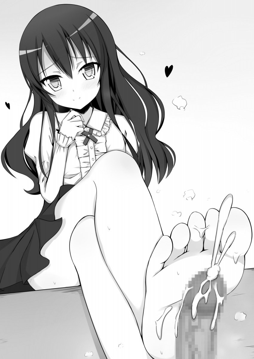 1boy 1boy1girl 1girls absurd_res absurdres barefoot black_and_white blush cum ejaculation feet female female_human female_human_feet foot_fetish foot_focus footjob high_resolution highres legs_crossed long_hair looking_at_viewer male momijidani_nozomi monochrome otono_fei pov sitting small_penis soles tenshi_no_3p! toes unseen_male_face young