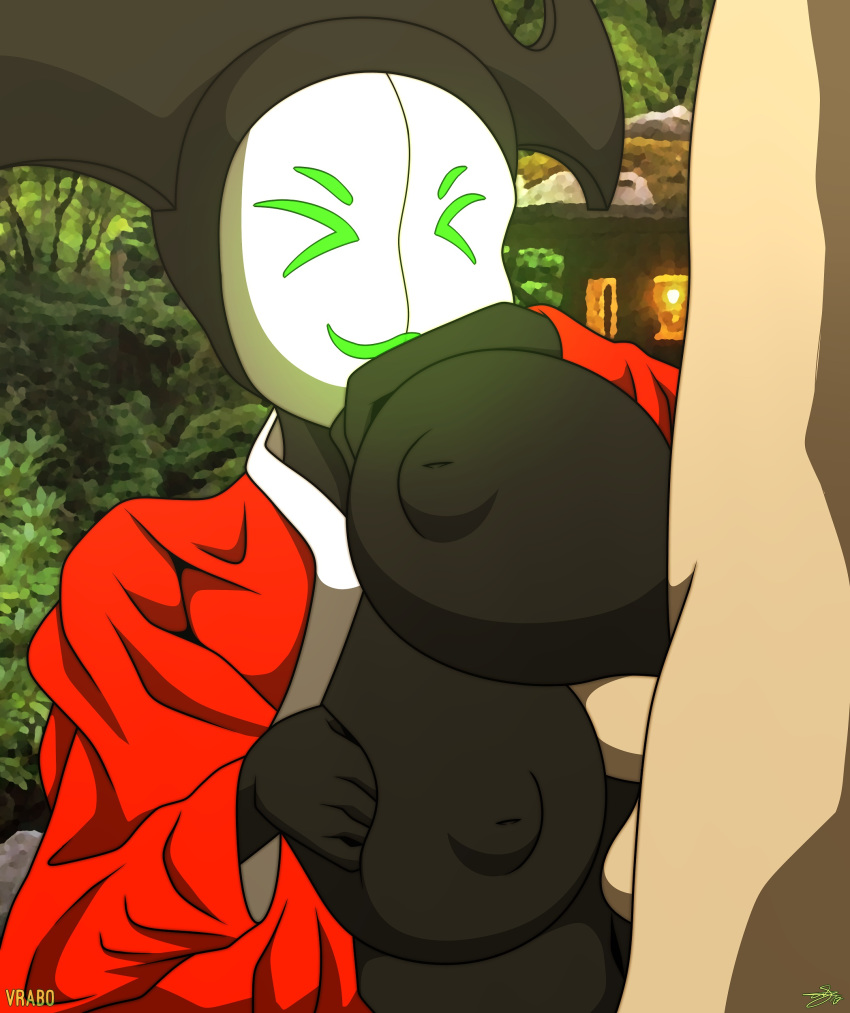 big_breasts breast_fondling breast_grab breasts clothing fan_character fondling forest hand_on_breast huge_breasts human interspecies inverted_nipples japanese_clothing kimono machine male mammal mask matar nipples paizuri robot samurai_jack sex smile solo_focus tree vrabo