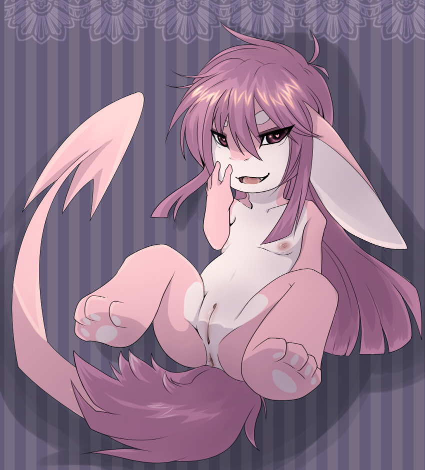 <3_eyes anthro anus cherry_(character) cute fangs female flat_chested hair heart invalid_tag lace long_hair long_tail loretoons makeup mammal nipples open_mouth paws pussy saliva solo stripes toxic_rabbit