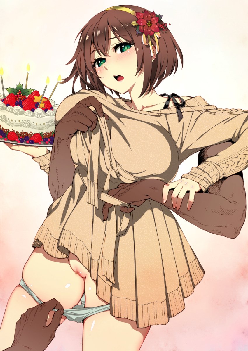 :o assisted_exposure bangs blueberry_(not_the_fetish) breasts brown_dress brown_hair burning_candles cake candles censored collarbone cowboy_shot cream dark_skin disembodied_limb dress dress_lift female fire food fruit green_eyes grey_panties hair_ribbon head_tilt hige_(hige2) highres holding holding_tray large_breasts long_sleeves looking_at_viewer mosaic_censoring multicolored multicolored_background open_mouth original panties panty_pull pulled_by_another pussy raised_eyebrows ribbed_dress ribbon shiny shiny_skin skindentation sleeves_past_wrists solo_focus standing strawberry thighs tray unaligned_breasts underwear yellow_hairband yellow_ribbon