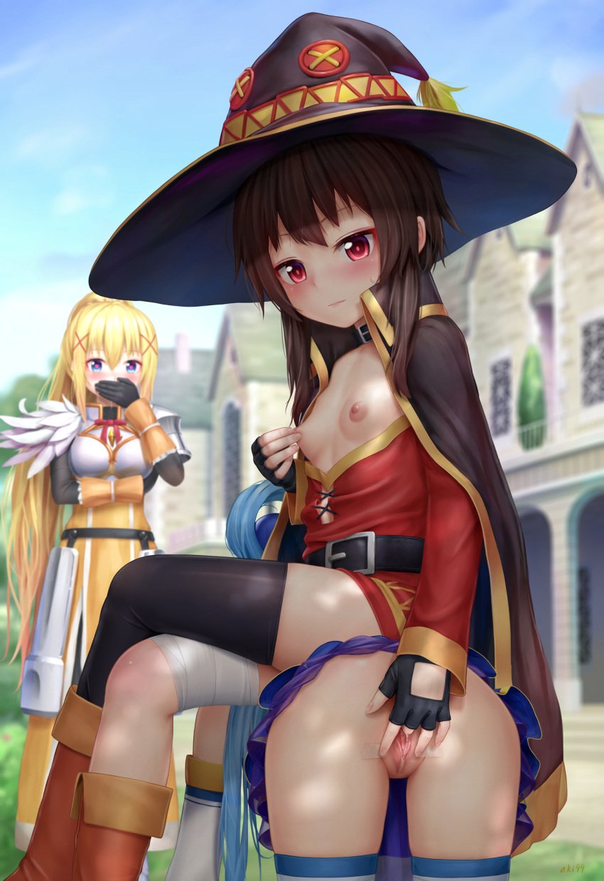 3girls aki99 anus aqua_(konosuba) ass backpussy being_watched belt belt_collar blonde_hair blue_hair blurry blush boots breasts breasts_out brown_hair cape covering_mouth darkness_(konosuba) depth_of_field detailed_pussy female female_only femdom fingering hand_over_own_mouth hat heart heart-shaped_pupils highres kono_subarashii_sekai_ni_shukufuku_wo! legs_crossed megumin multiple_girls nipple_tweak nipples no_bra no_panties outside public_sex pussy revision short_hair sitting sitting_on_person skirt skirt_lift small_breasts smile spread_pussy symbol-shaped_pupils tape thighhighs uncensored vaginal_penetration witch_hat yuri