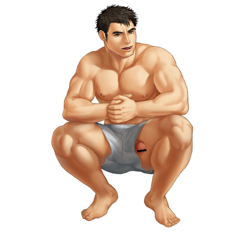 1boy bara barefoot censored feet full_body koggo male male_focus male_only pecs penis solo tagme toes topless underwear white_underwear