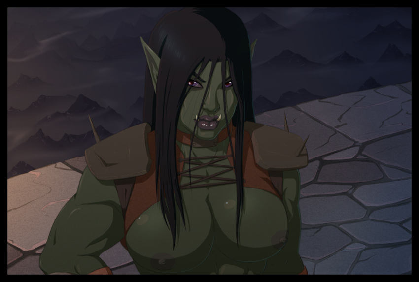 1girls 2017 big_breasts black_hair breasts female female_only green_skin khal941 long_hair muscular_female orc orc_female solo solo_female topless