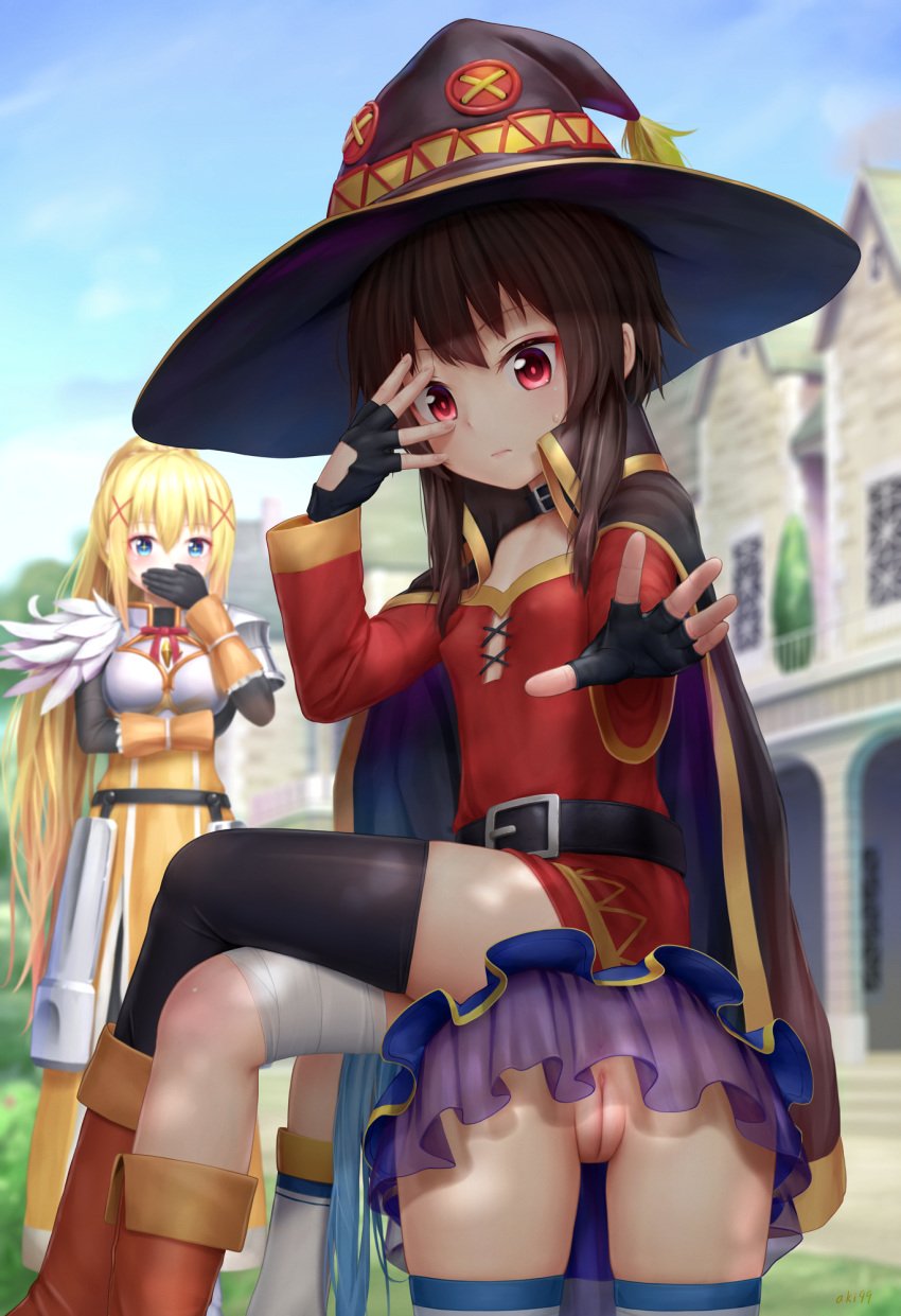 +_+ 3girls aki99 aqua_(konosuba) ass backpussy being_watched belt belt_collar blonde_hair blue_hair blurry blush boots breasts breasts_out brown_hair cape covering_mouth darkness_(konosuba) depth_of_field female female_only femdom hand_over_own_mouth hat highres innie_pussy kono_subarashii_sekai_ni_shukufuku_wo! legs_crossed megumin multiple_girls nipples no_panties outstretched_arm public_nudity pussy revision short_hair sitting sitting_on_person skirt skirt_lift small_breasts smile thighhighs uncensored witch_hat yuri